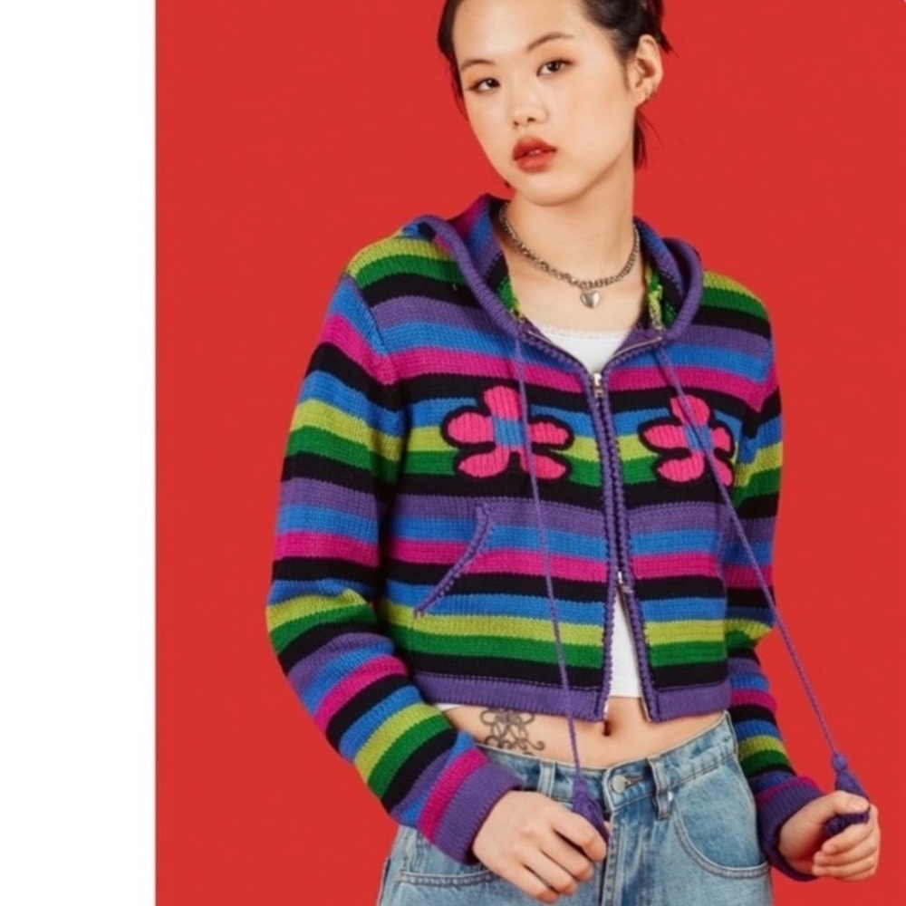 UNIF Astera Striped Cropped Hooded Zip Up Sweater